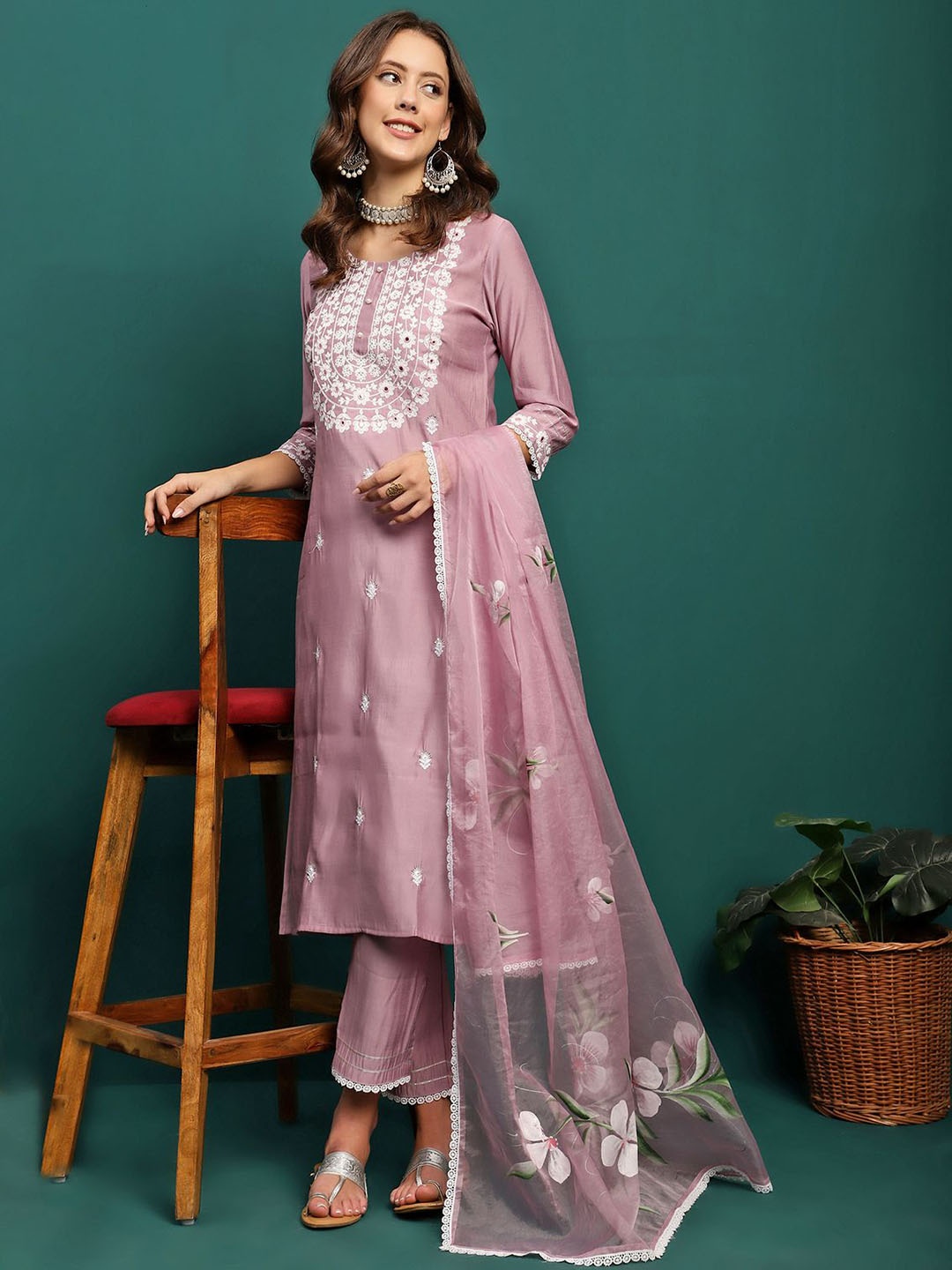 

Sangria Women Embroidered Round-Neck Kurta With Trouser & Dupatta, Mauve