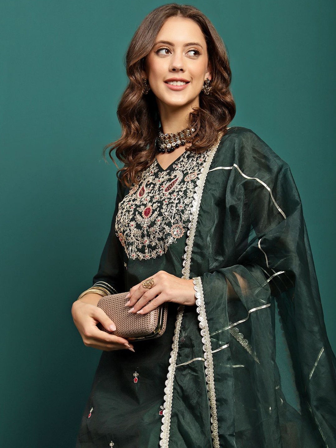 

Sangria Women Embroidered V-Neck Kurta With Trouser & Dupatta, Green