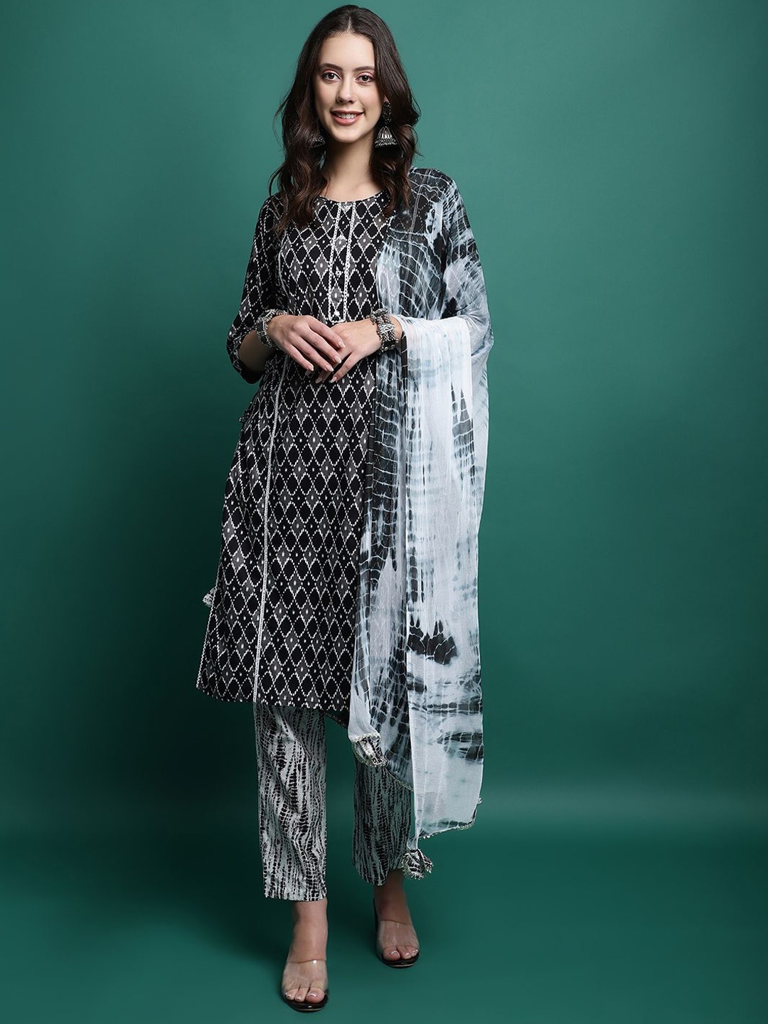 

Sangria Printed & Embroidered Pure Cotton Straight Kurta With Trouser & Dupatta Set, Black