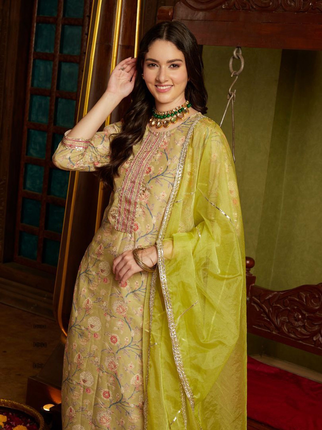 

Sangria Printed Round-Neck Kurta With Trouser & Dupatta, Green