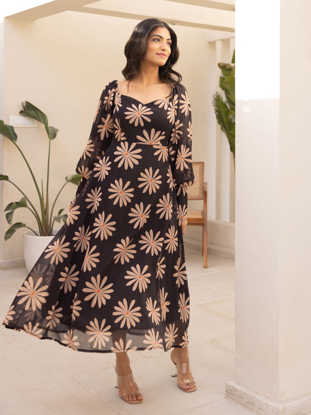 

Polago Clothing Floral Print Georgette A-Line Maxi Dress, Black
