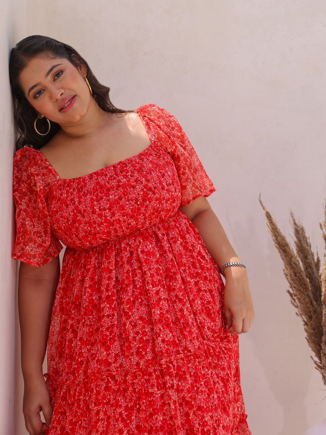 

Polago Clothing Floral Print Georgette Empire Dress, Red