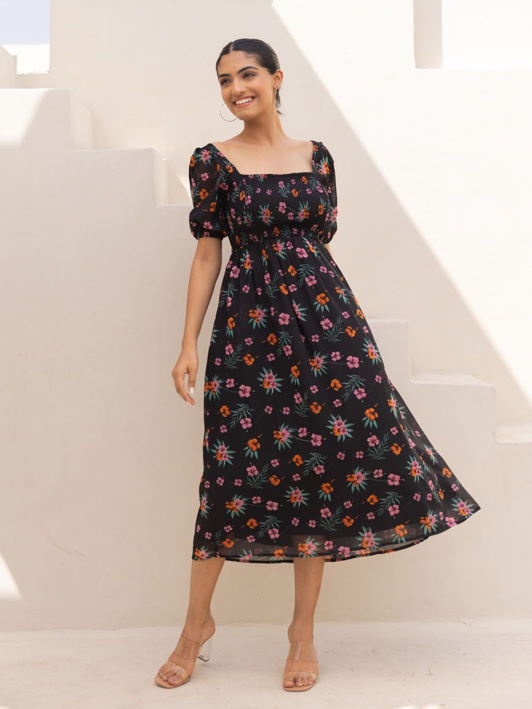 

Polago Clothing Floral Print Georgette A-Line Dress, Black
