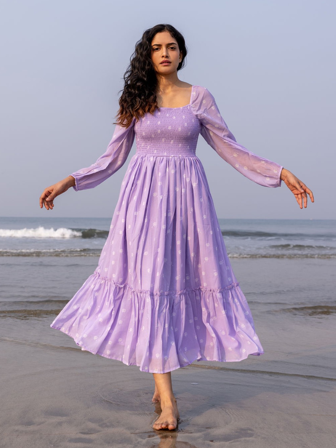 Polago Clothing Polka Dots Printed Georgette Empire Dress, Purple