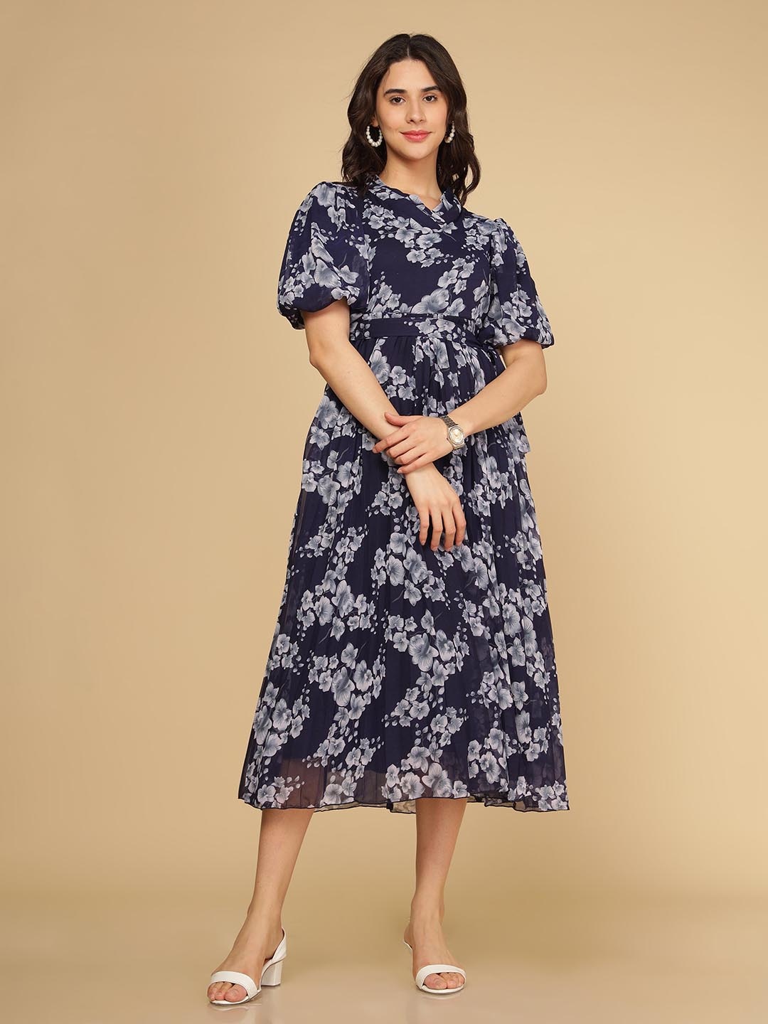 

Polago Clothing Floral Print Georgette Fit and Flare Maxi Dress, Navy blue