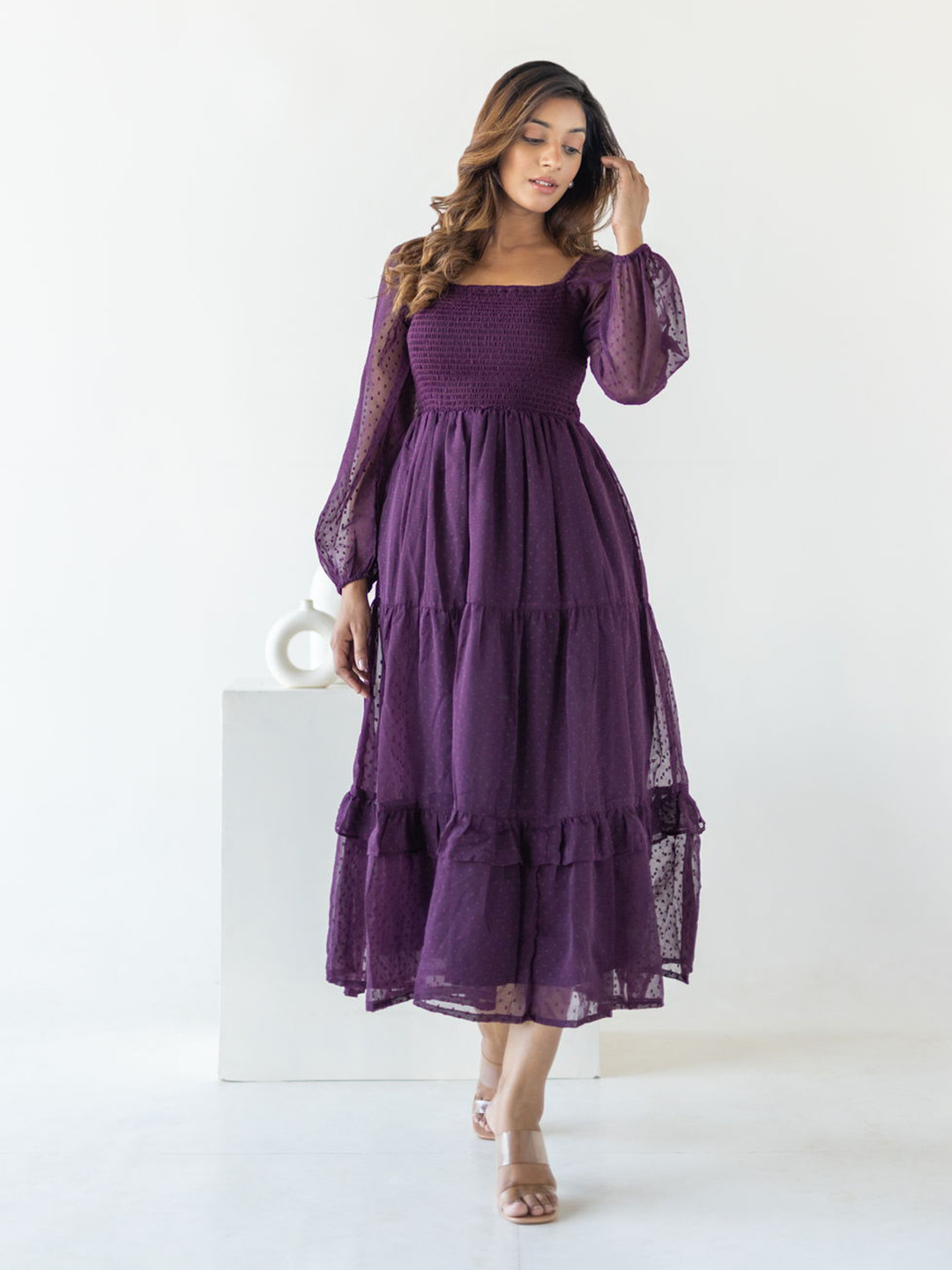 

Polago Clothing Georgette Puff Sleeves Fit and Flare Midi Dress, Purple