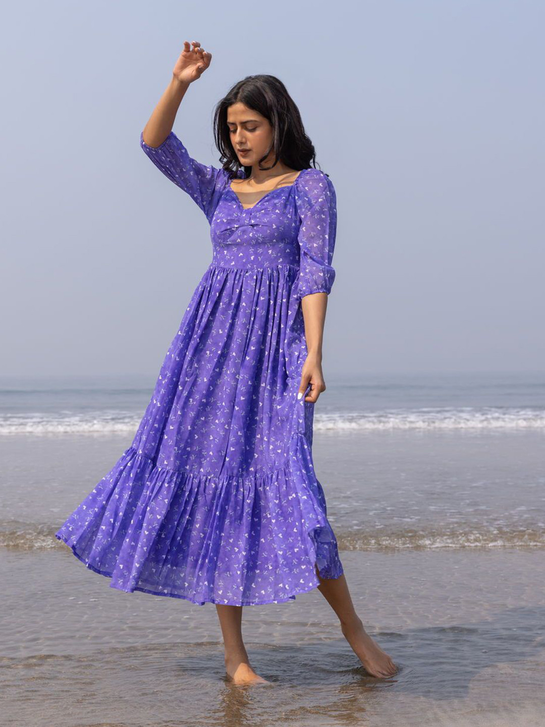 

Polago Clothing Printed Georgette Fit & Flare Midi Dress, Purple