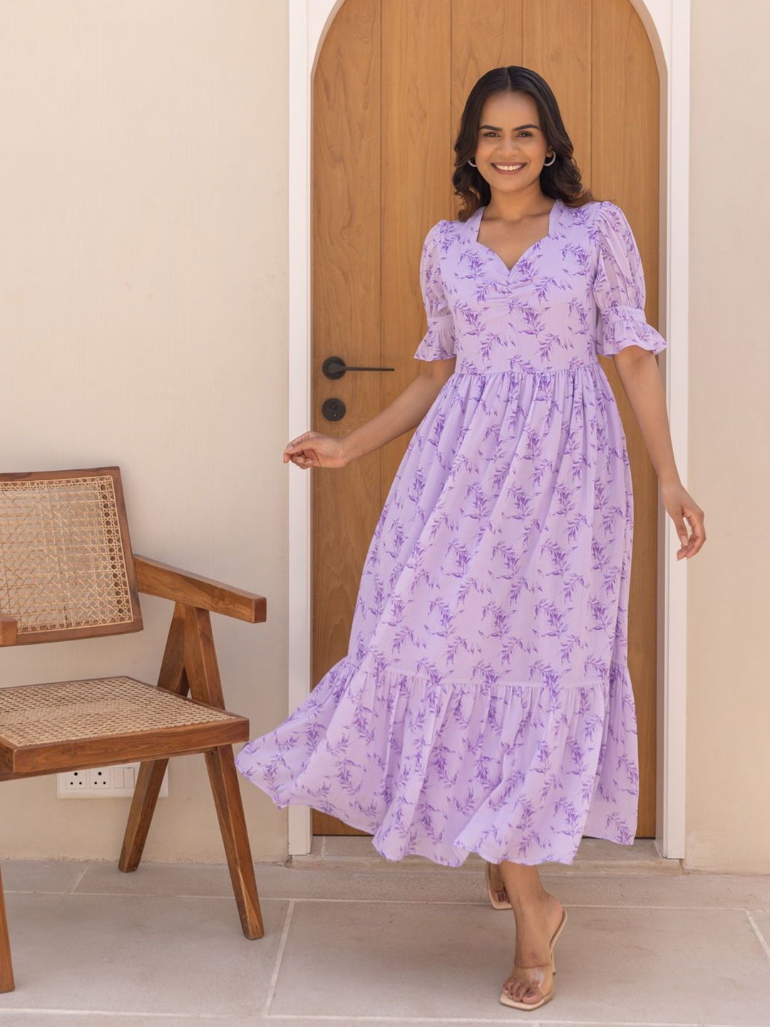 

Polago Clothing Floral Print Georgette A-Line Dress, Purple