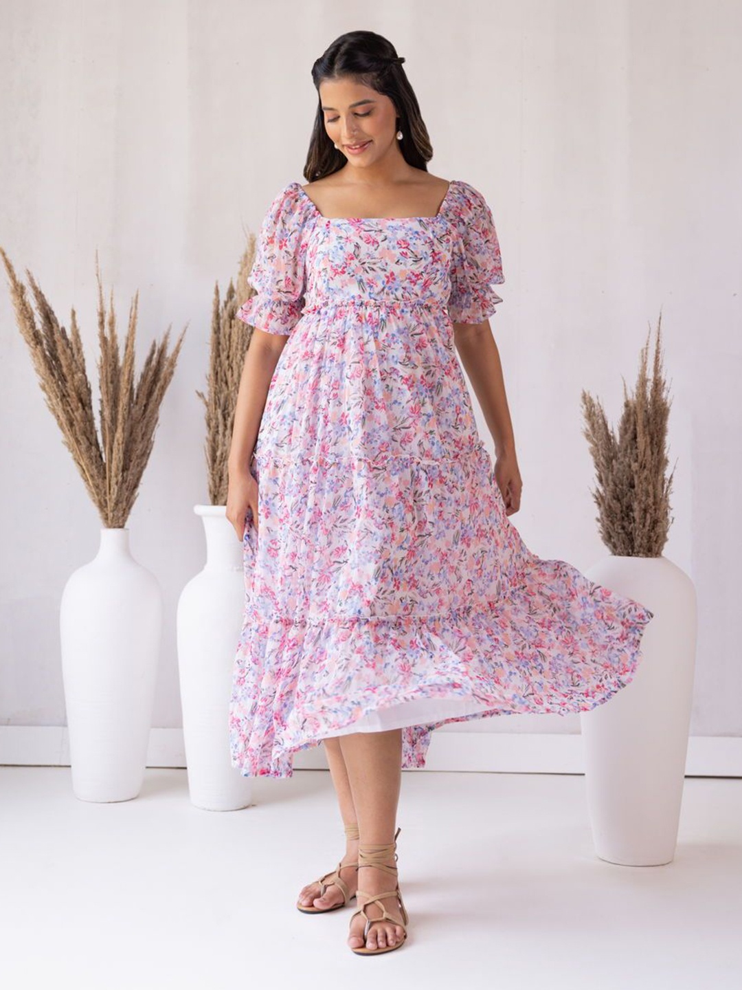 

Polago Clothing Floral Print Puff Sleeve Empire Midi Dress, White