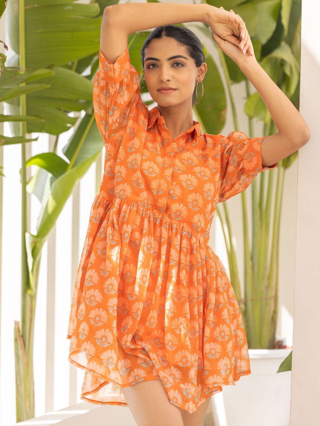 

Polago Clothing Floral Print Georgette Fit & Flare Dress, Orange