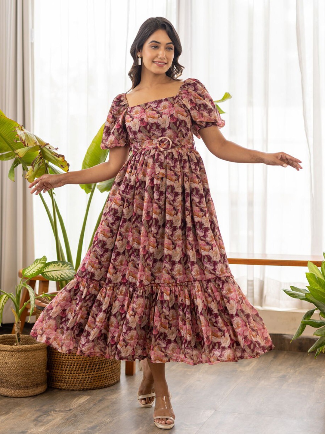 

Polago Clothing Floral Print Puff Sleeve Georgette Maxi Dress, Purple