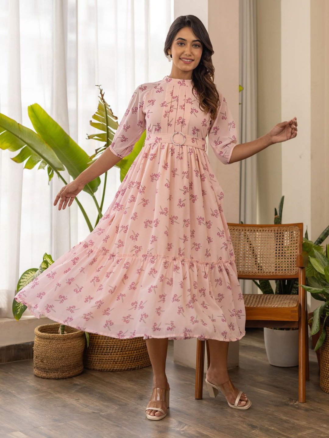 

Polago Clothing Floral Print Georgette A-Line Midi Dress, Pink