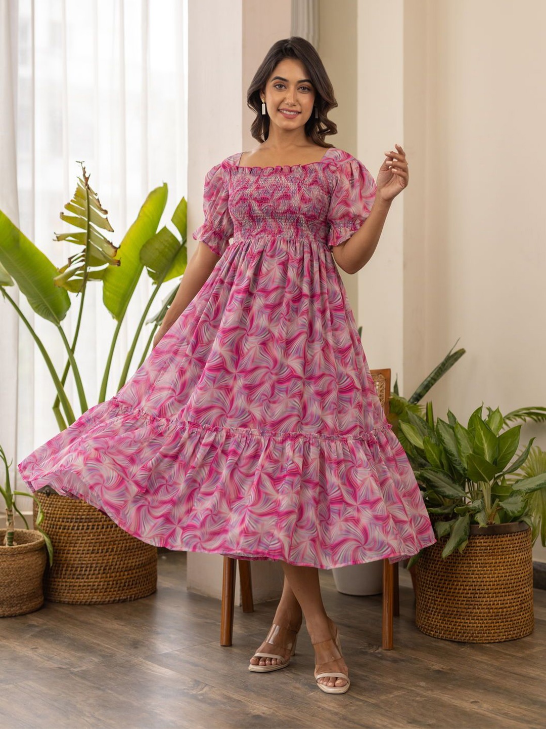 

Polago Clothing Floral Print Bell Sleeve Georgette Empire Maxi Dress, Pink
