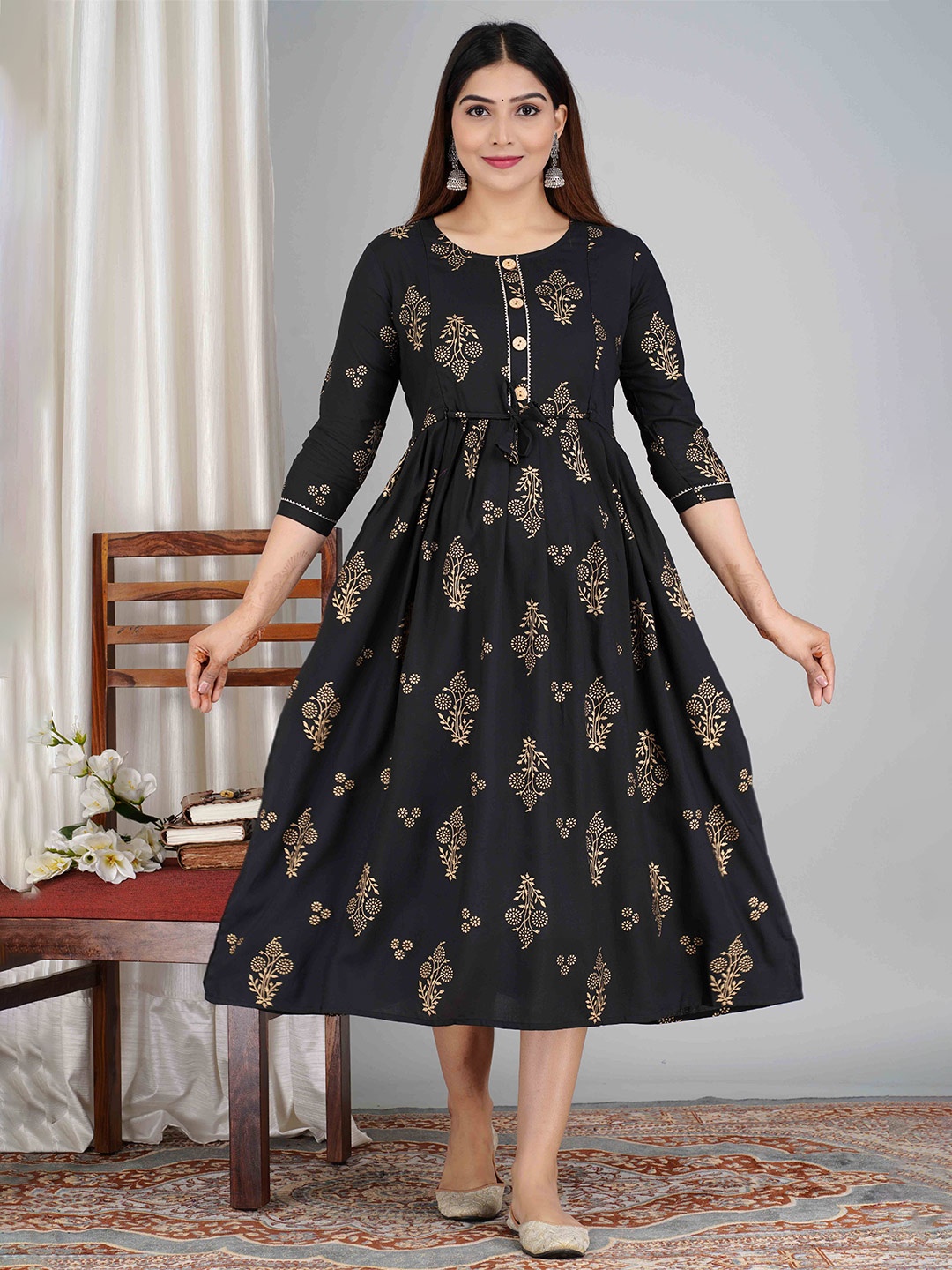 

SAGA Ethnic Motifs Print Fit & Flare Maternity Midi Ethnic Dress, Black