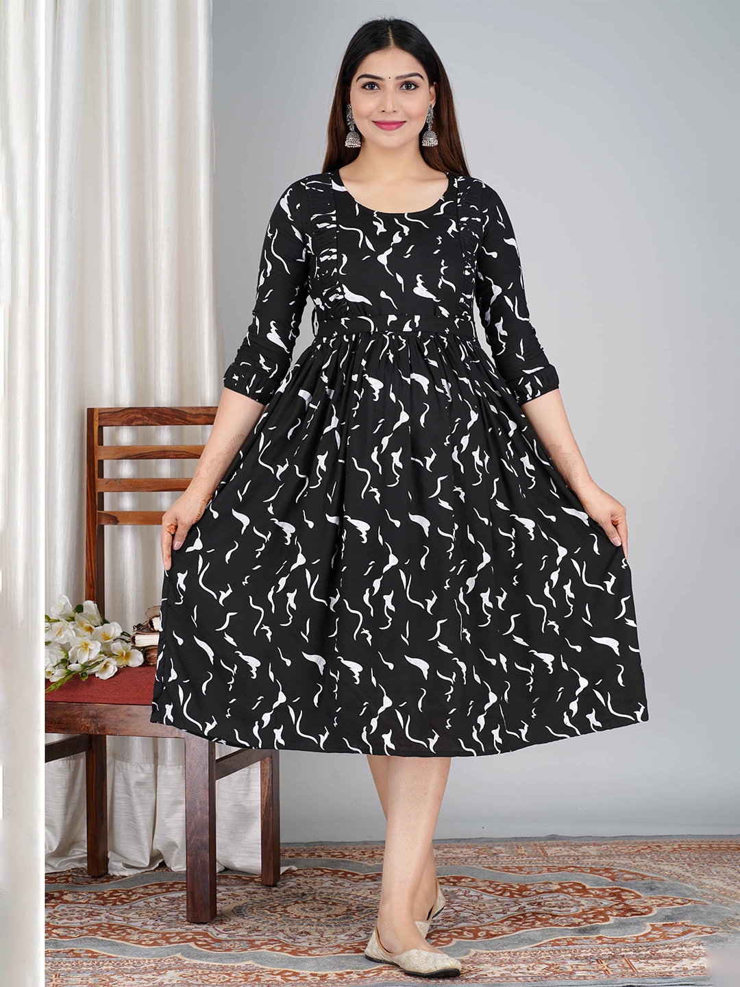 

SAGA Abstract Print Fit & Flare Maternity Midi Ethnic Dress, Black