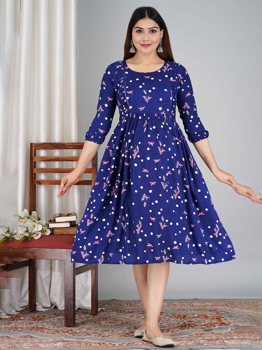 

SAGA Floral Print Fit & Flare Maternity Midi Ethnic Dress, Blue