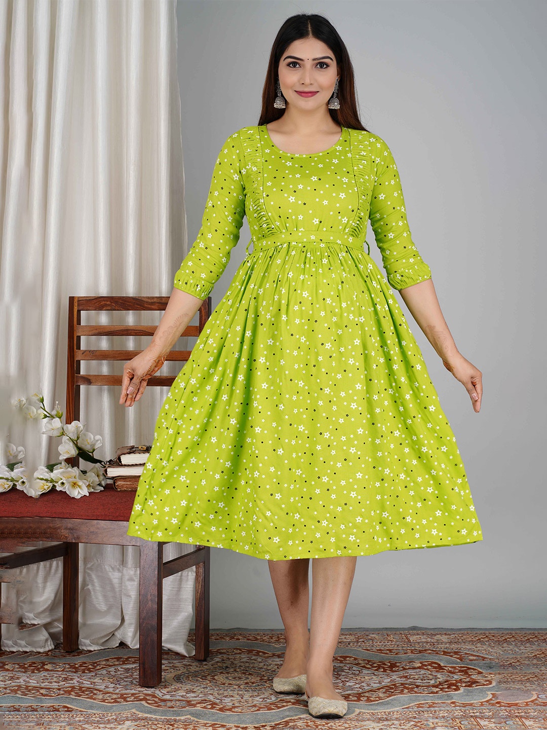

SAGA Printed Fit & Flare Maternity Midi Ethnic Dress, Green