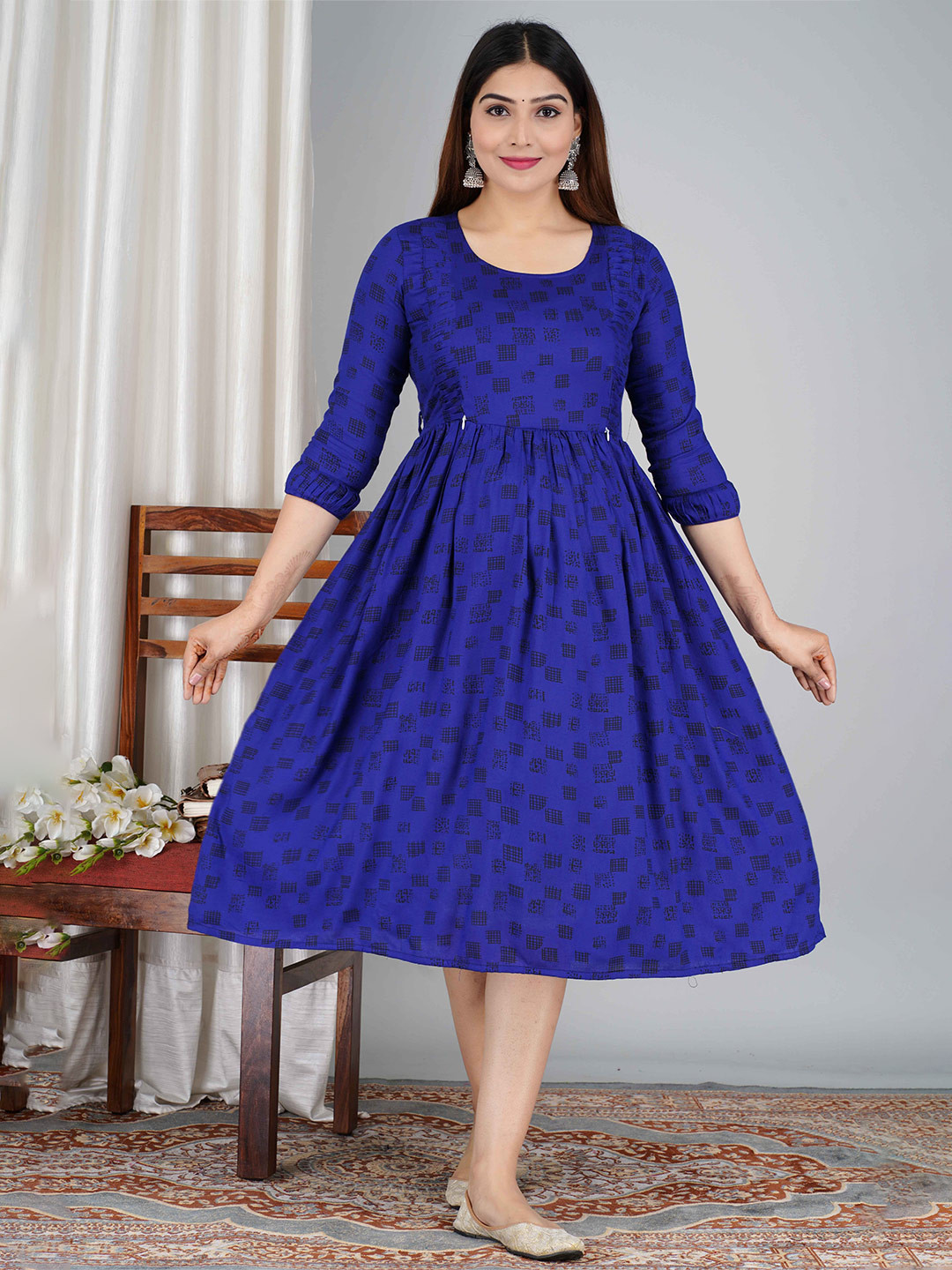 

SAGA Printed Fit & Flare Maternity Midi Ethnic Dress, Blue