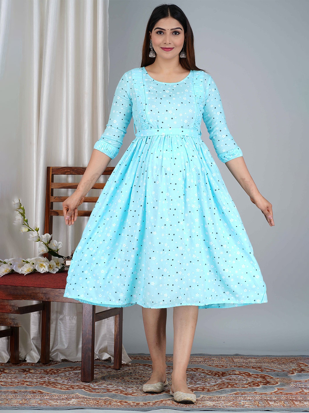 

SAGA Printed Fit & Flare Maternity Midi Ethnic Dress, Turquoise blue