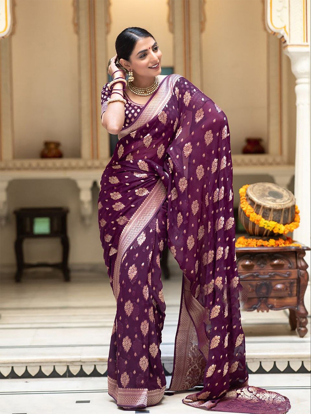 

KALINI Ethnic Motifs Zari Banarasi Saree, Purple