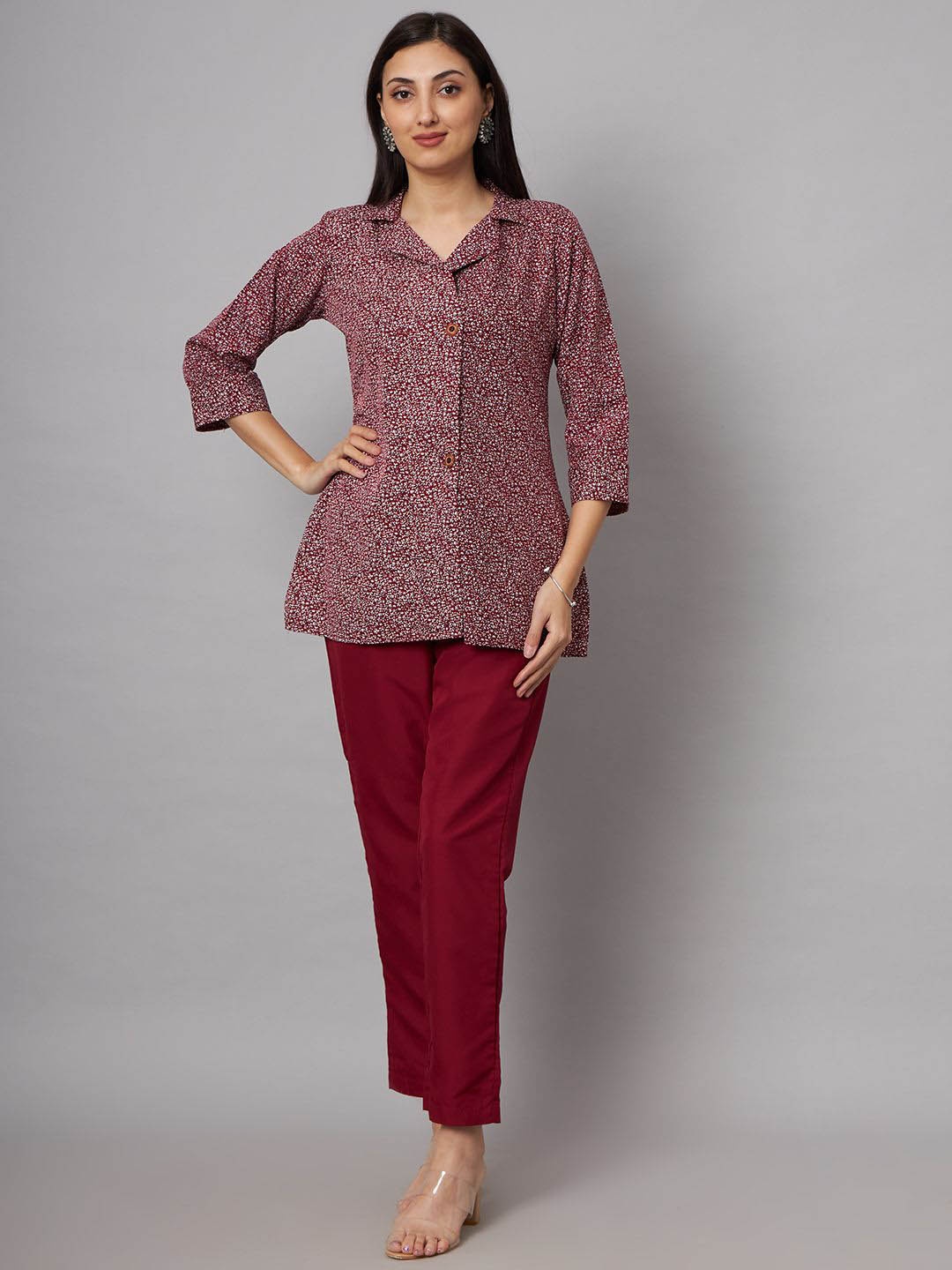 

SHRIMAY Printed Shirt with Trousers Co-Ords Set, Maroon