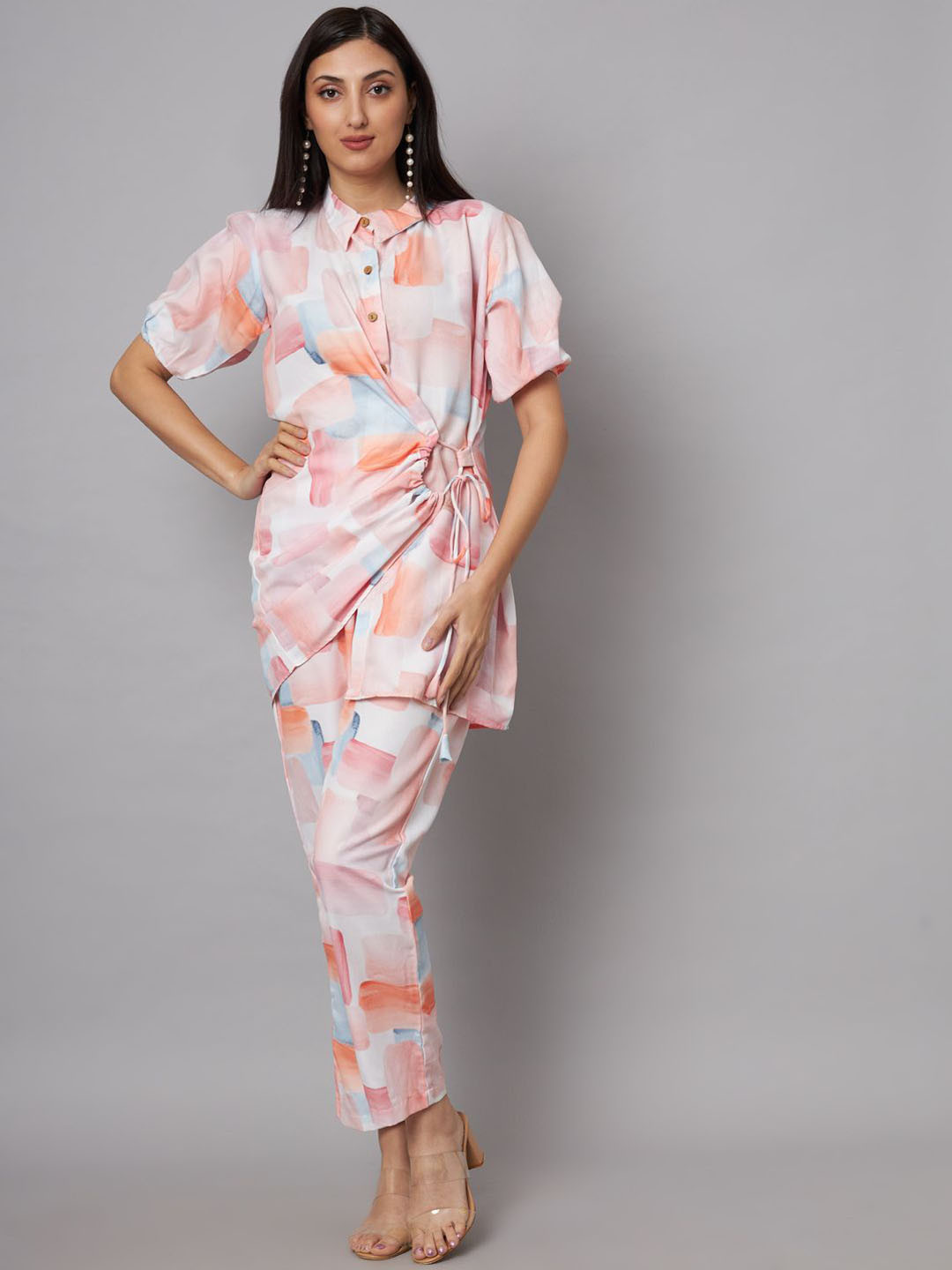 

SHRIMAY Printed Shirt Collar Top & Trouser Co-Ords Set, Peach