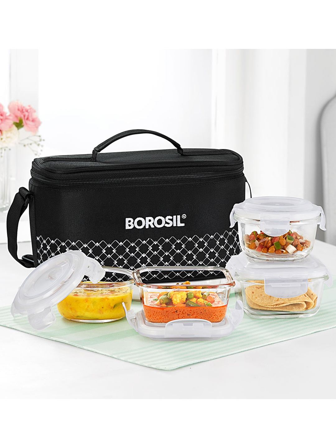 

BOROSIL 4-Pcs Black Printed Glass Lunch Box With Insulated Lunch Bag