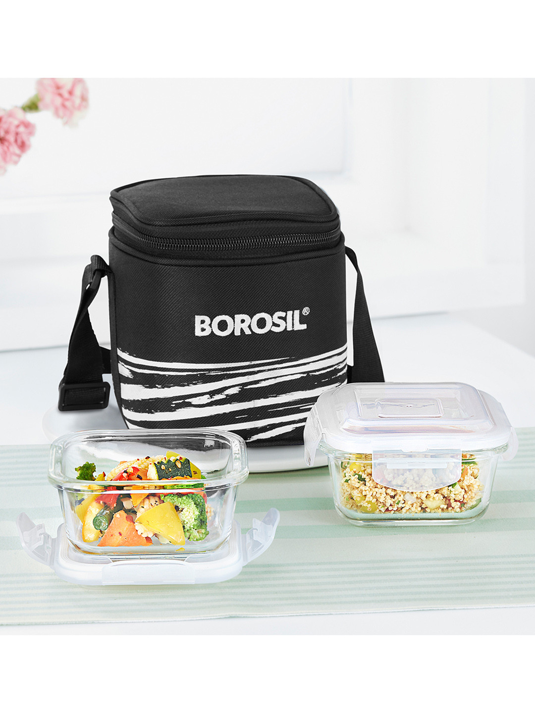 

BOROSIL 2-Pcs Black & White Glass Lunch Box With Lunch Bag