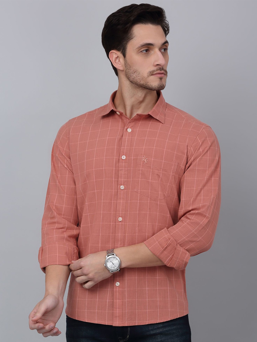 

Cantabil Men Checked Windowpane Checks Opaque Casual Shirt, Rust