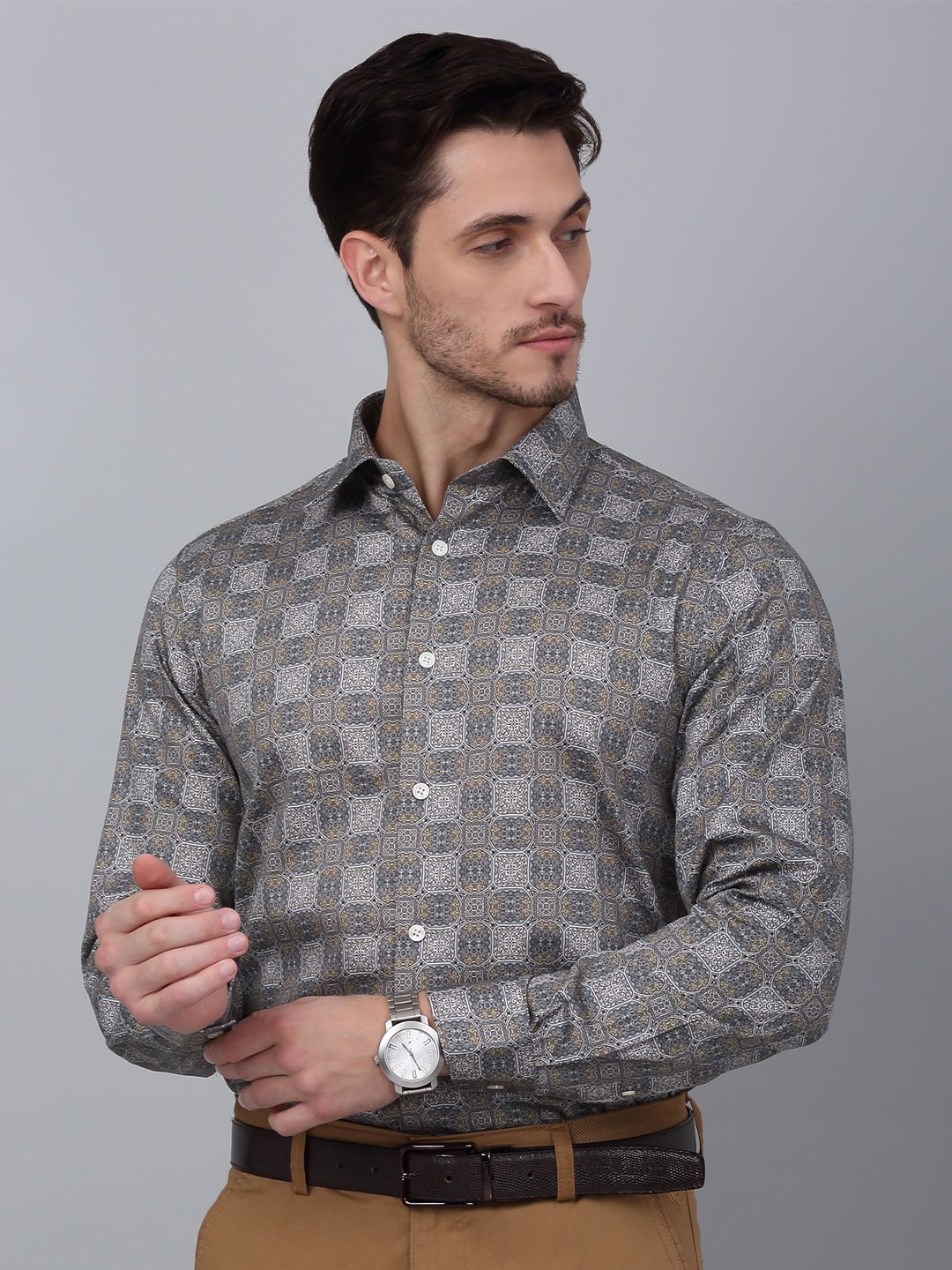 

Cantabil Men Geometric Printed Opaque Formal Shirt, Grey