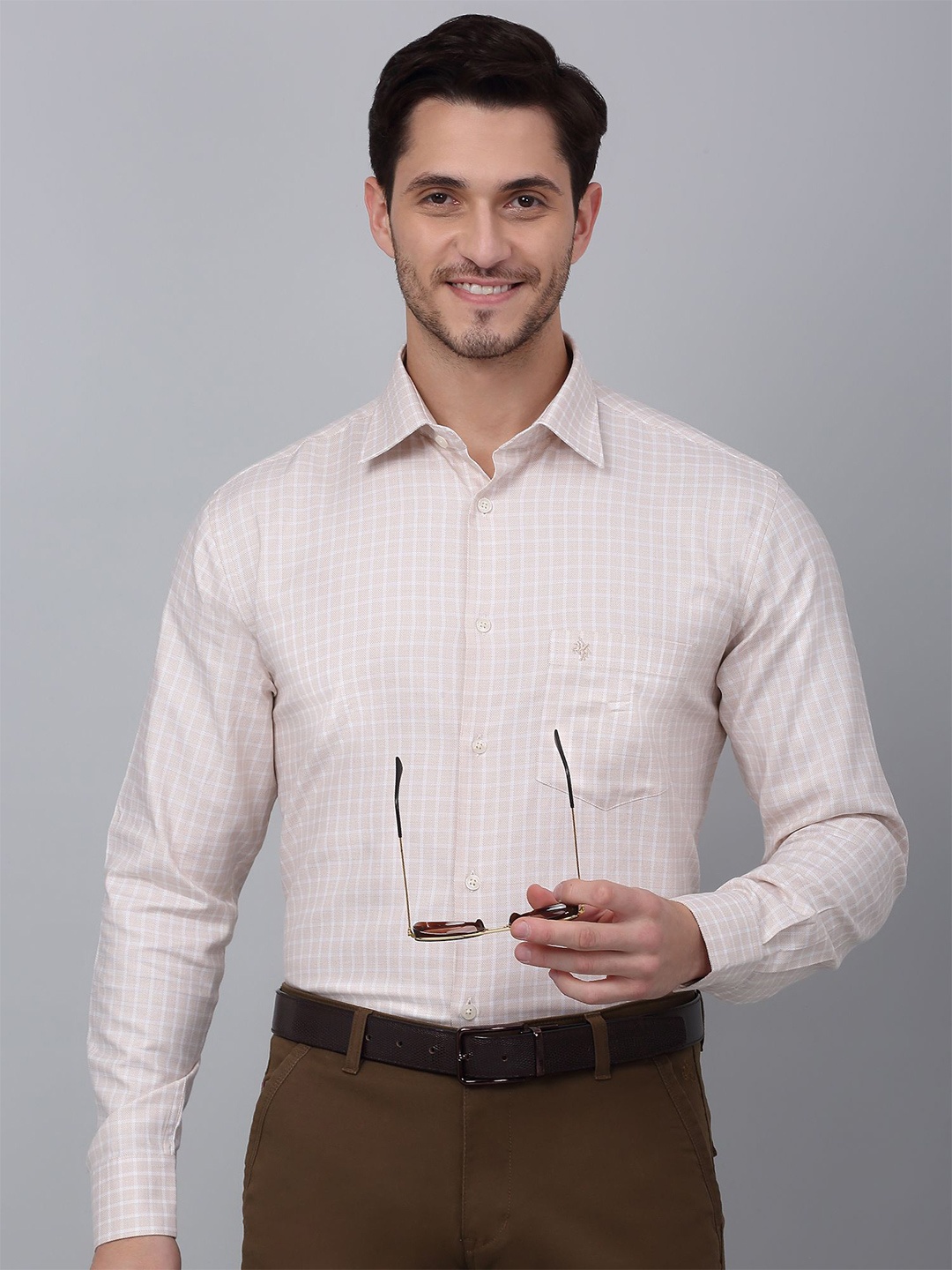 

Cantabil Men Grid Tattersall Checks Checked Opaque Formal Shirt, Beige