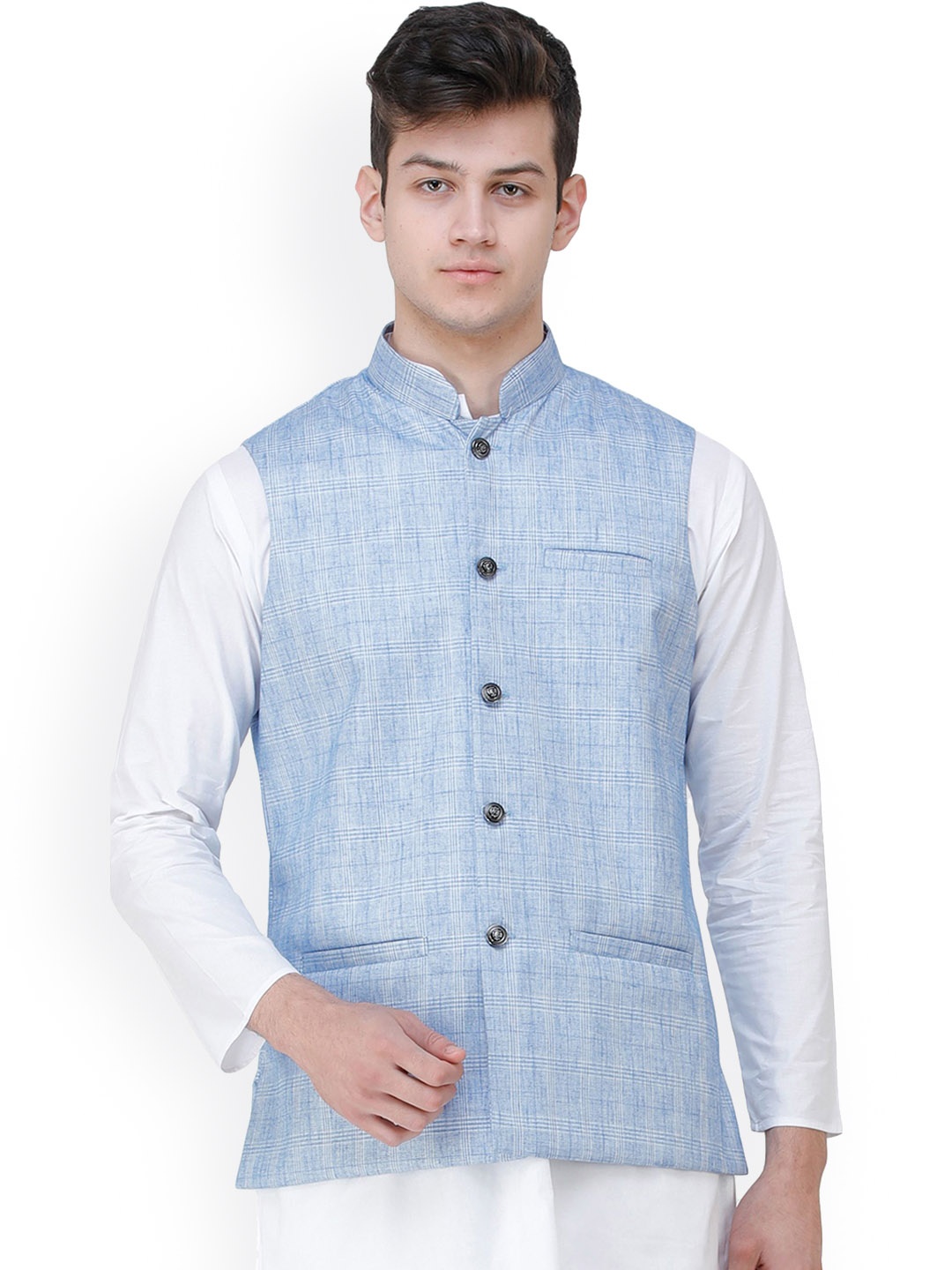 

Exotic India Excalibur Double Check Pattern Nehru Jacket with Front Pockets, Blue