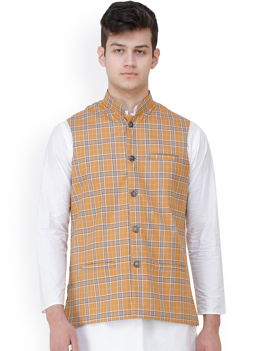 

Exotic India Double Check Pattern Nehru Jacket with Front Pockets, Brown