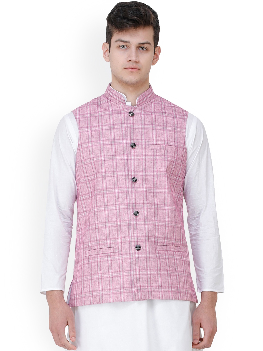 

Exotic India Pastel Lavender Double Check Pattern Nehru Jacket with Front Pockets, Pink