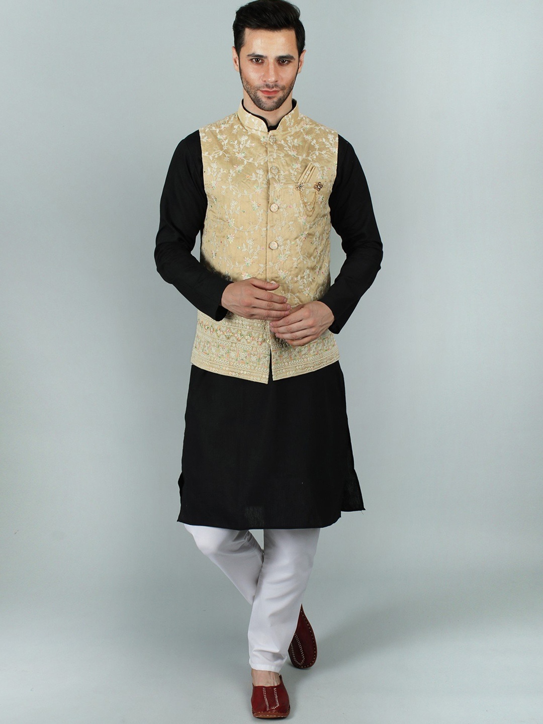 

Exotic India Beige Nehru Jacket Waist Coat with Delicate Thread Embroidery and Sequin Work