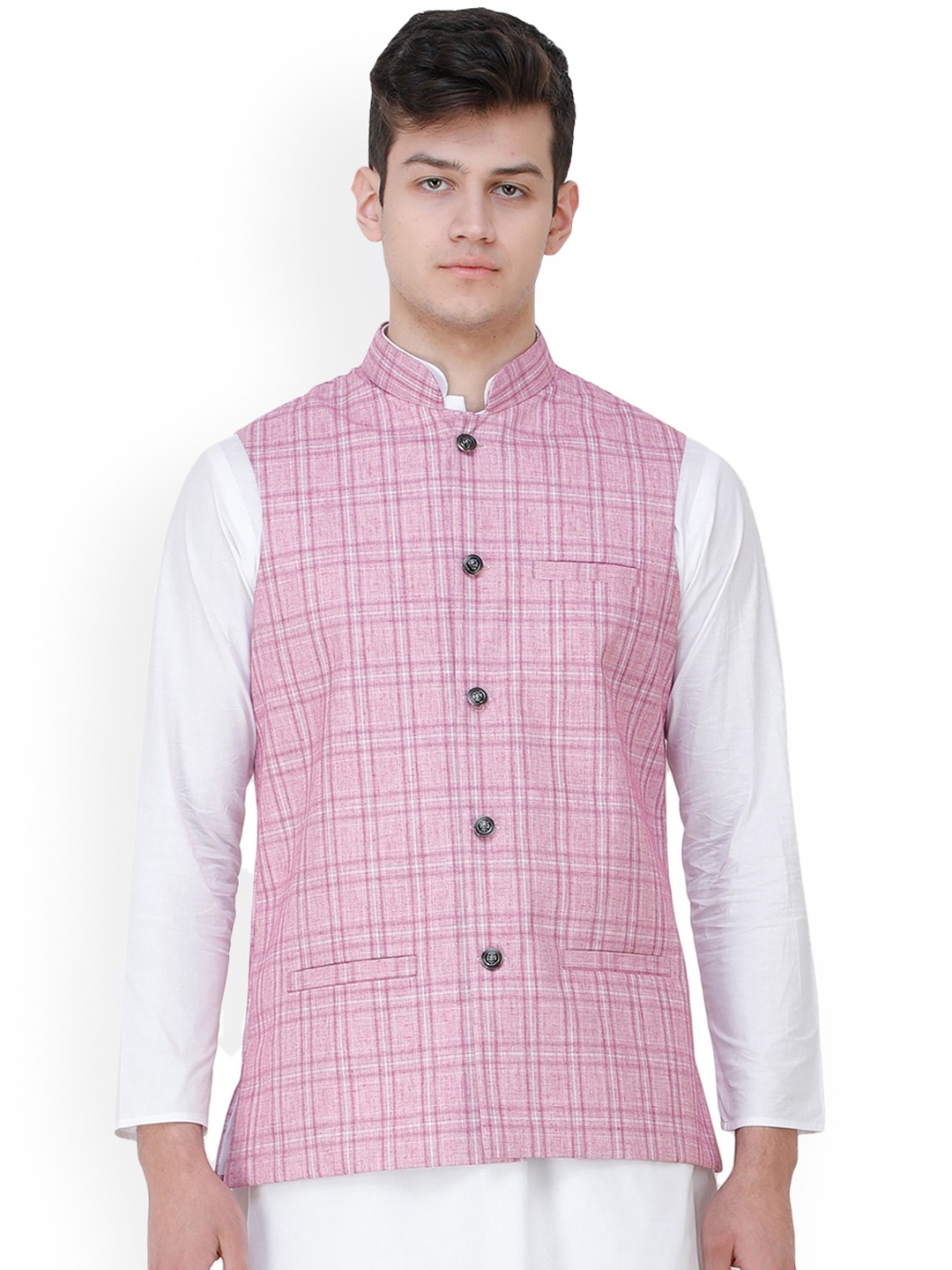 

Exotic India Pastel Lavender Double Check Pattern Nehru Jacket with Front Pockets, Pink