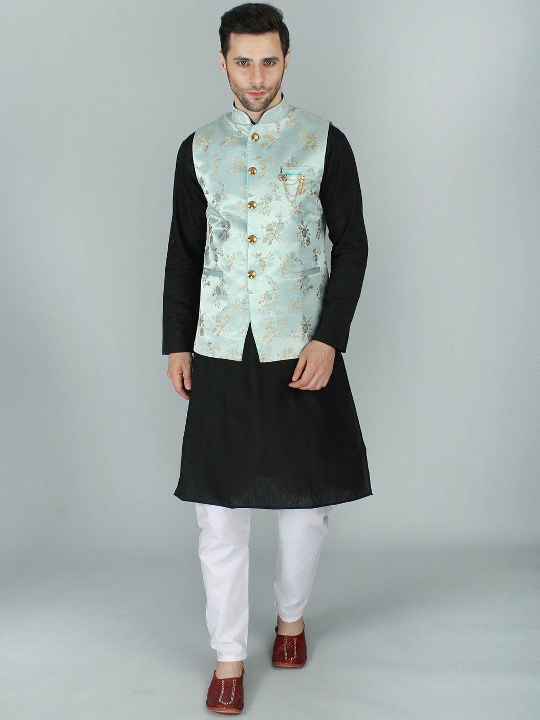 

Exotic India Pastel Blue Ethnic Party Wear Floral Brocade Nehru Jacket Waist Coat