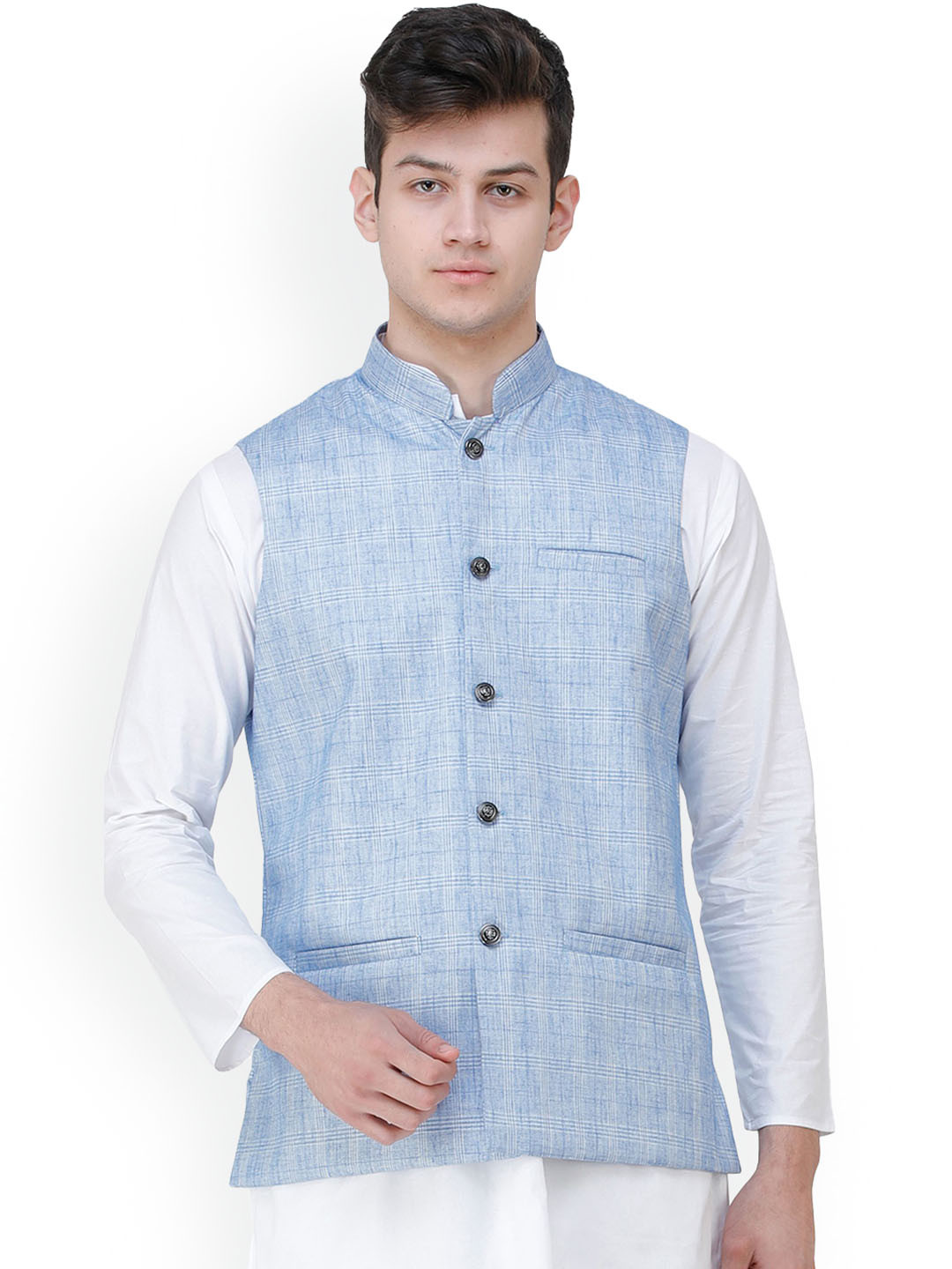 

Exotic India Placid Blue Double Check Pattern Nehru Jacket with Front Pockets