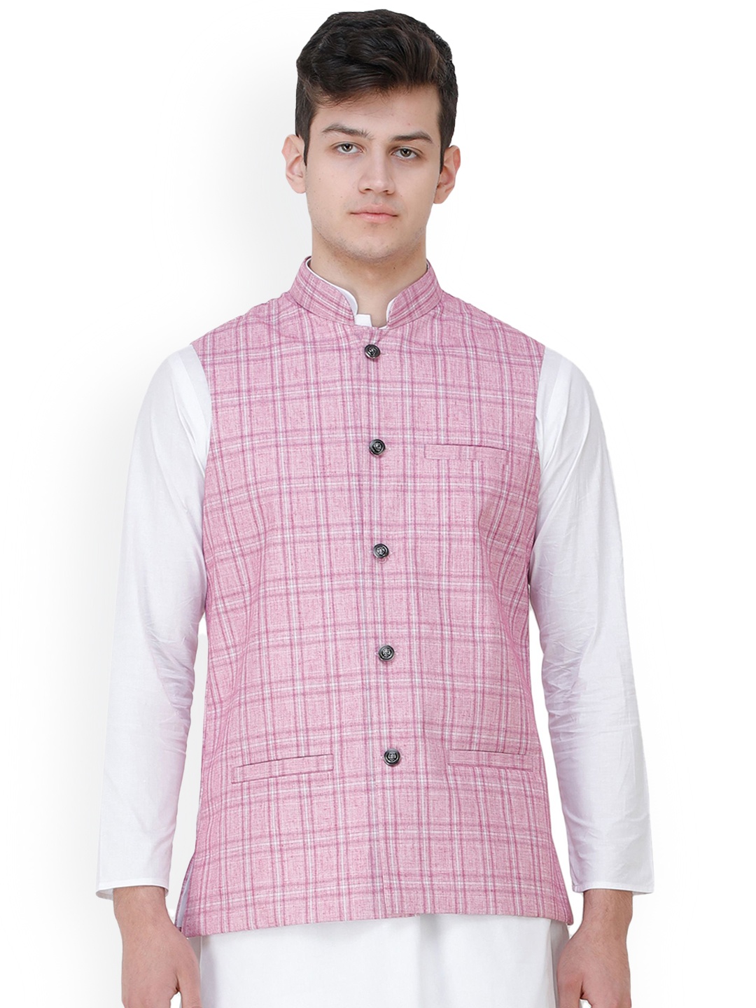 

Exotic India Pastel Lavender Double Check Pattern Nehru Jacket with Front Pockets, Pink