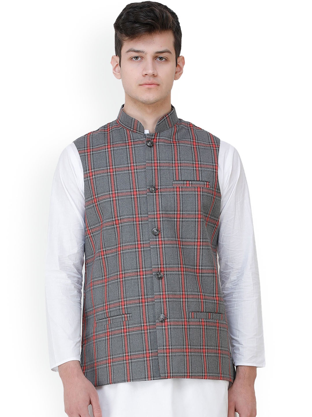 

Exotic India Excalibur Double Check Pattern Nehru Jacket with Front Pockets, Grey