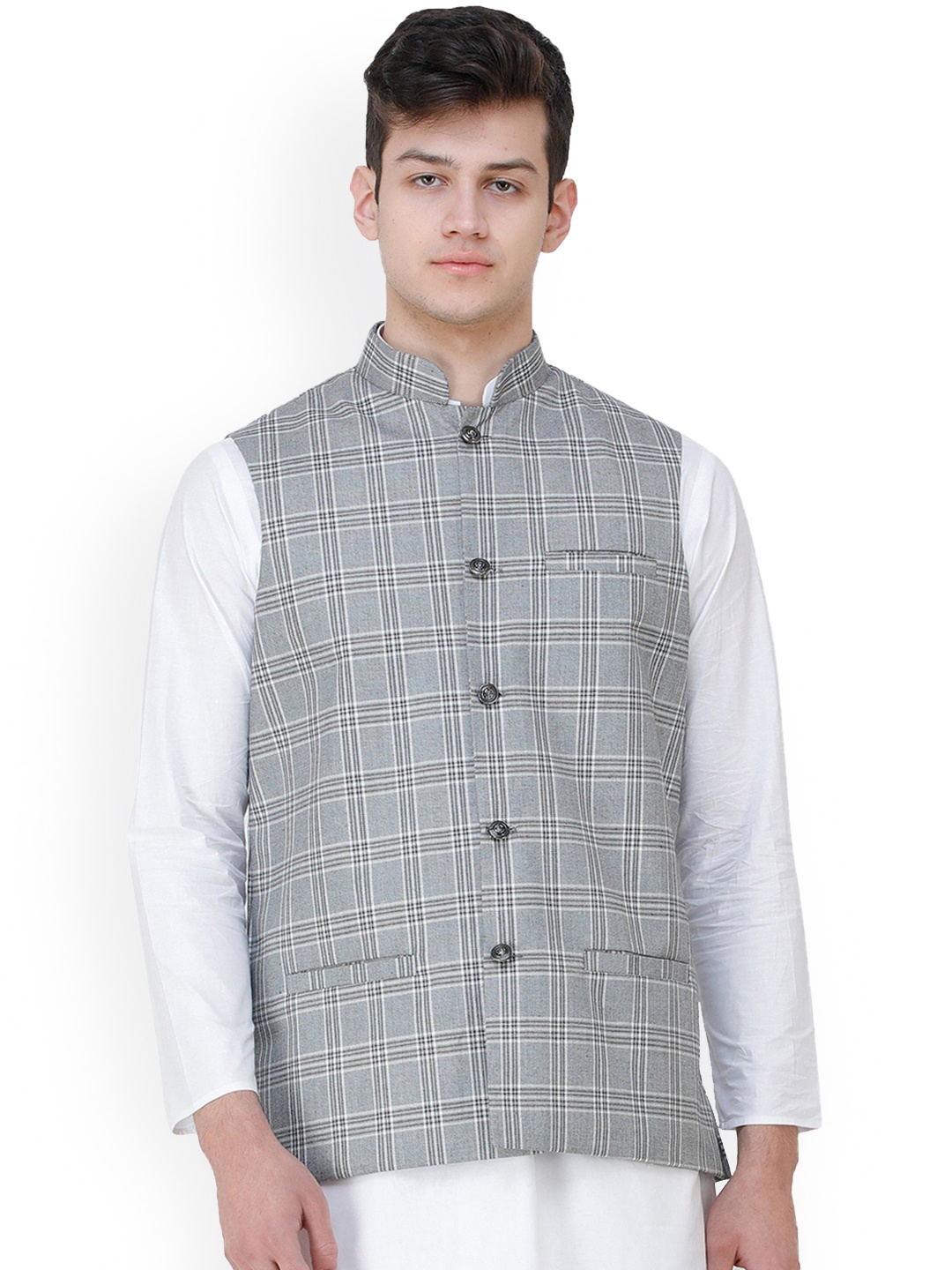 

Exotic India Double Check Pattern Polywool Nehru Jacket with Front Pockets, Grey