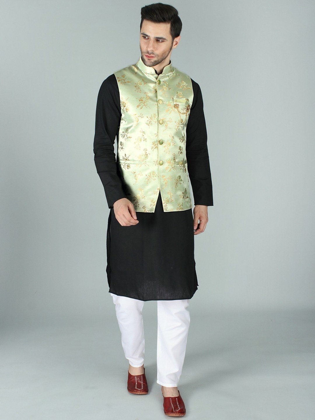 

Exotic India Frost Ethnic Party Wear Floral Brocade Nehru Jacket Waist Coat, Green