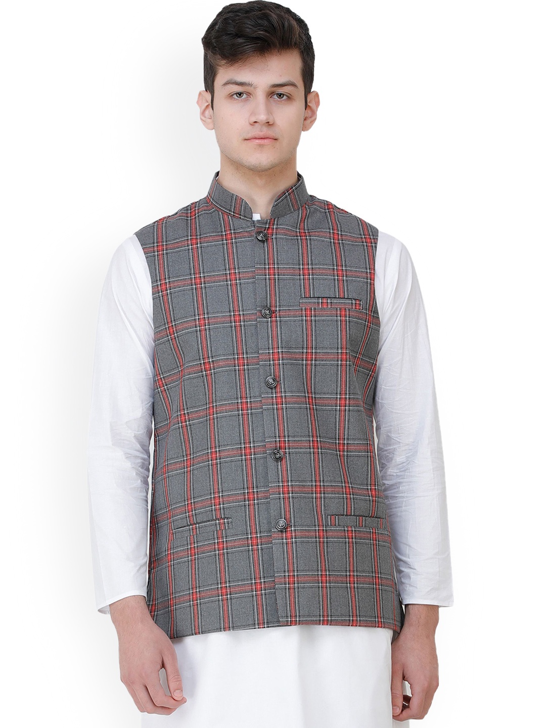

Exotic India Excalibur Double Check Pattern Nehru Jacket with Front Pockets, Grey