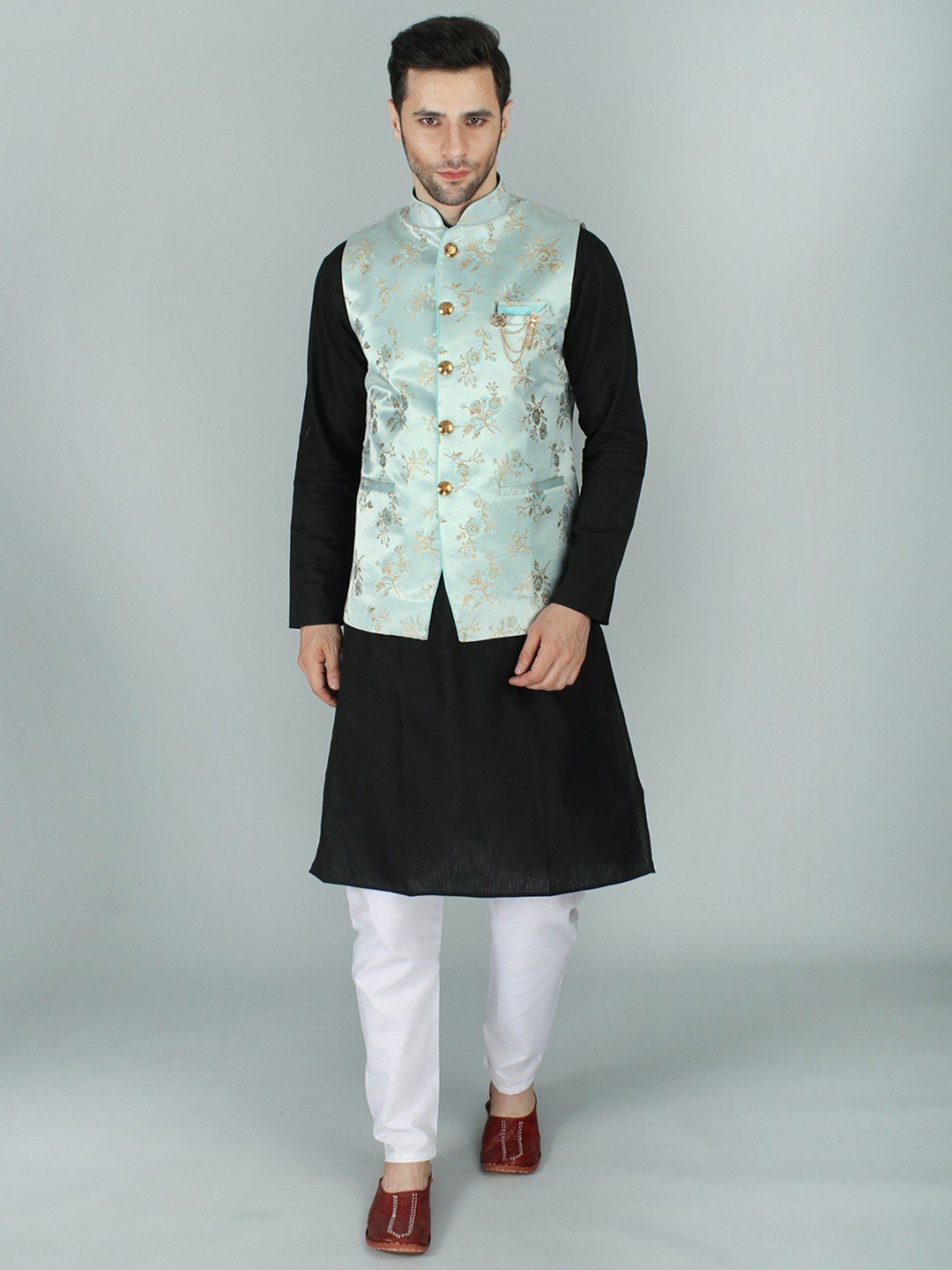 

Exotic India Pastel Blue Ethnic Party Wear Floral Brocade Nehru Jacket Waist Coat