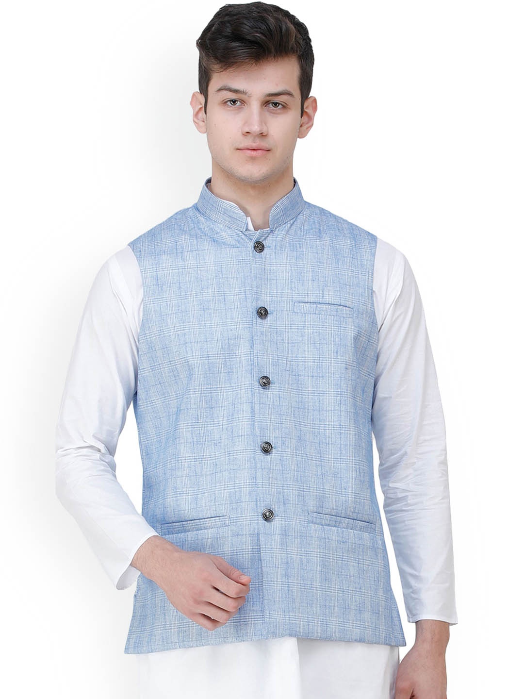 

Exotic India Placid Blue Double Check Pattern Nehru Jacket with Front Pockets