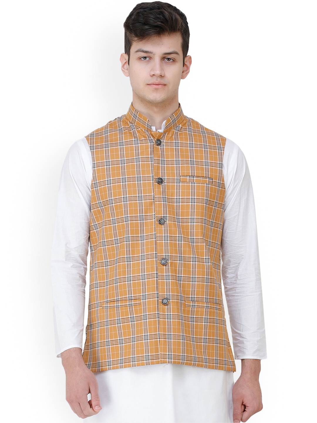 

Exotic India Double Check Pattern Nehru Jacket with Front Pockets, Brown