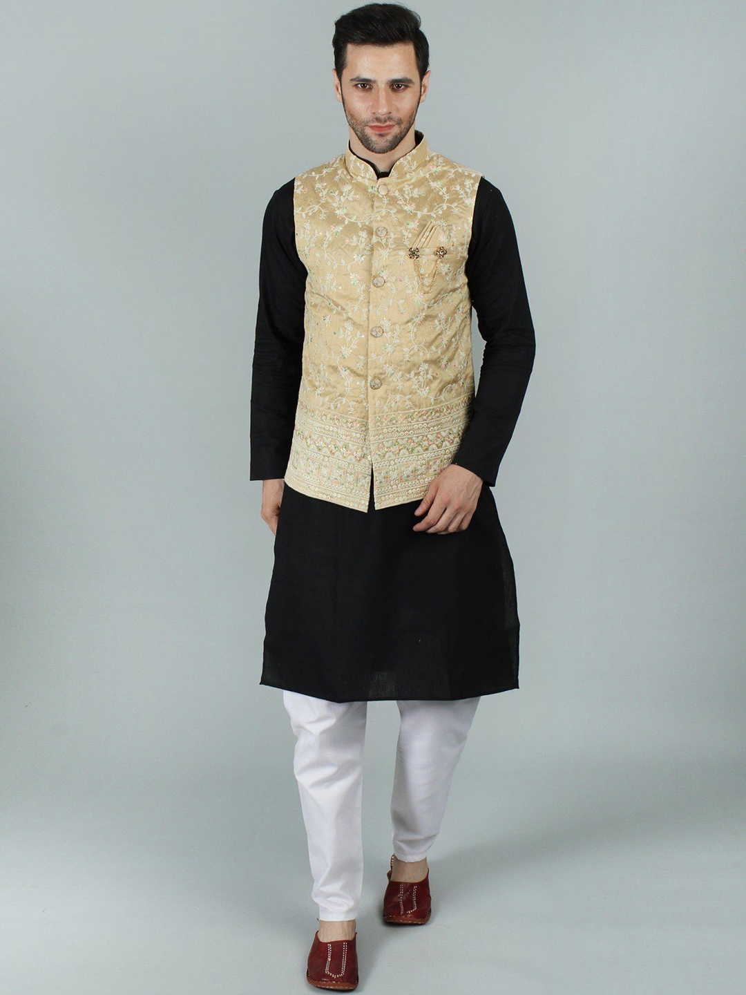 

Exotic India Beige Nehru Jacket Waist Coat with Delicate Thread Embroidery and Sequin Work, Gold