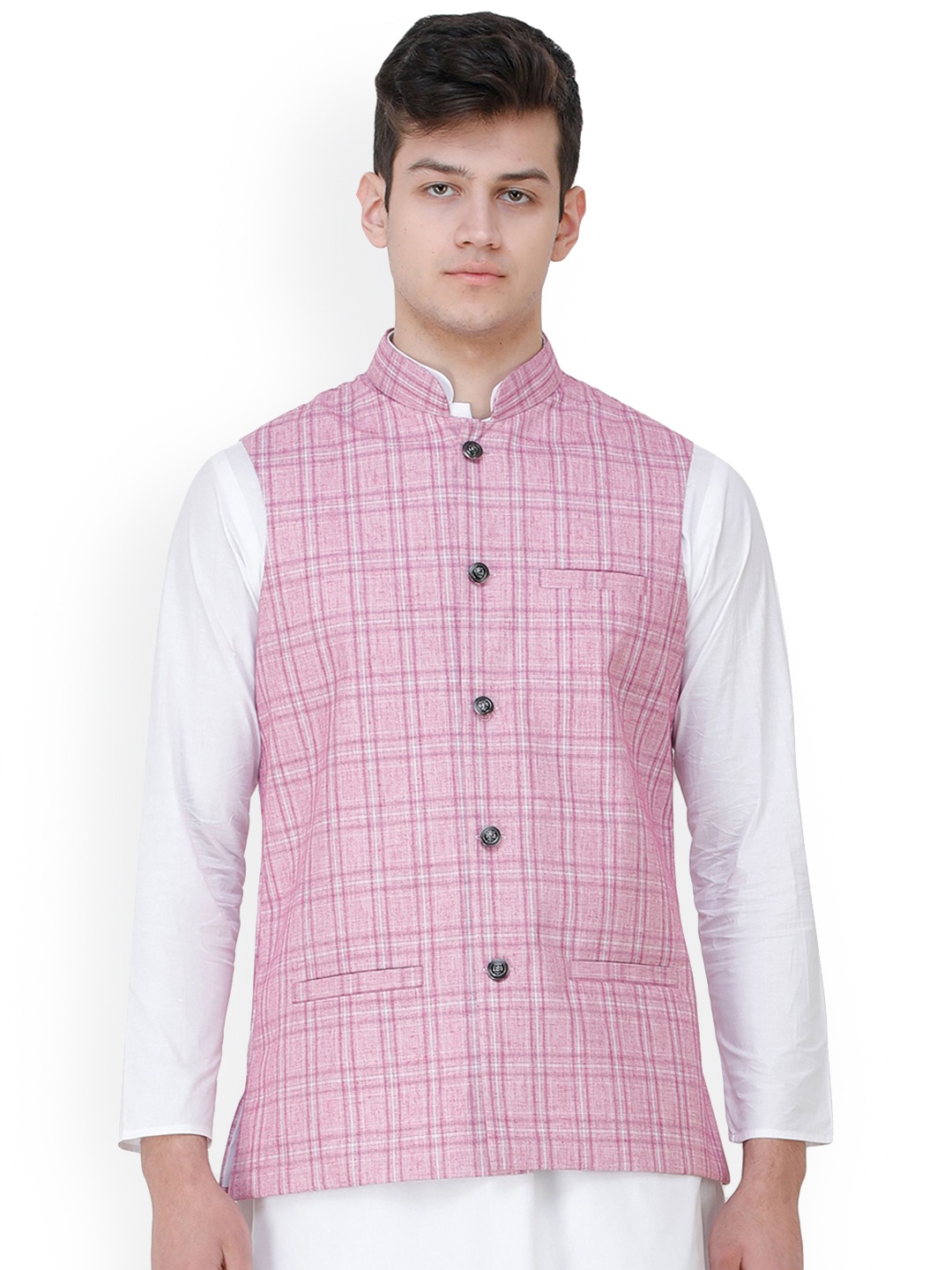 

Exotic India Pastel Lavender Double Check Pattern Nehru Jacket with Front Pockets, Pink