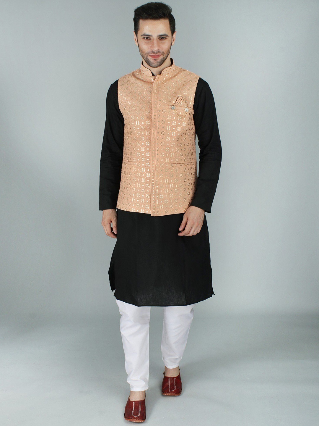 

Exotic India Spanish Villa Kamdani Chikankari Ethnic Georgette Nehru Jacket Waist Coat, Orange