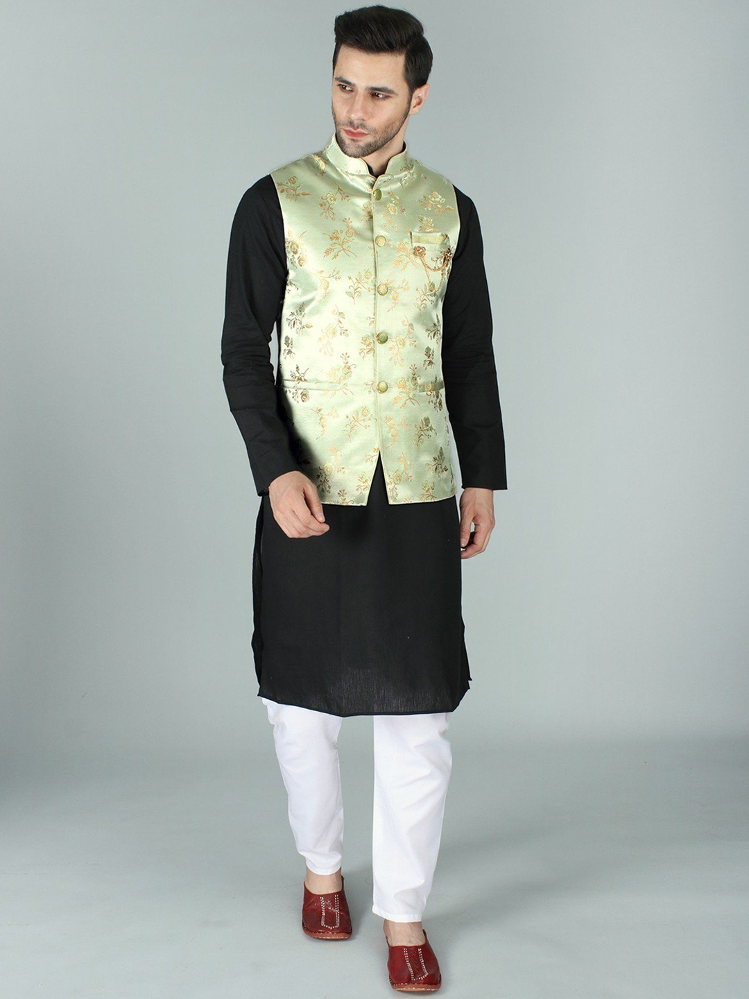 

Exotic India Frost Ethnic Party Wear Floral Brocade Nehru Jacket Waist Coat, Green